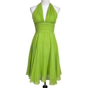 DINA BAR-EL Silk Chiffon Dress Bright Green Halter Knee Length Women’s Size 4